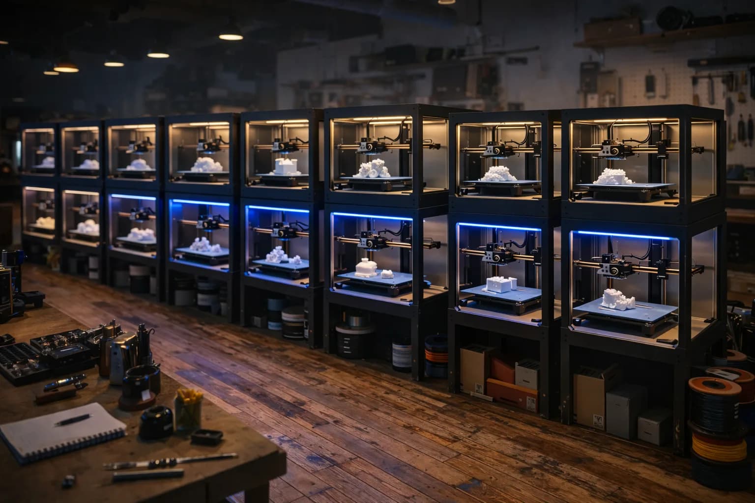 Twee rijen omkaste 3D-printers met blauwe verlichting, elk met een witte print op het bed en filamentrollen op de plank eronder