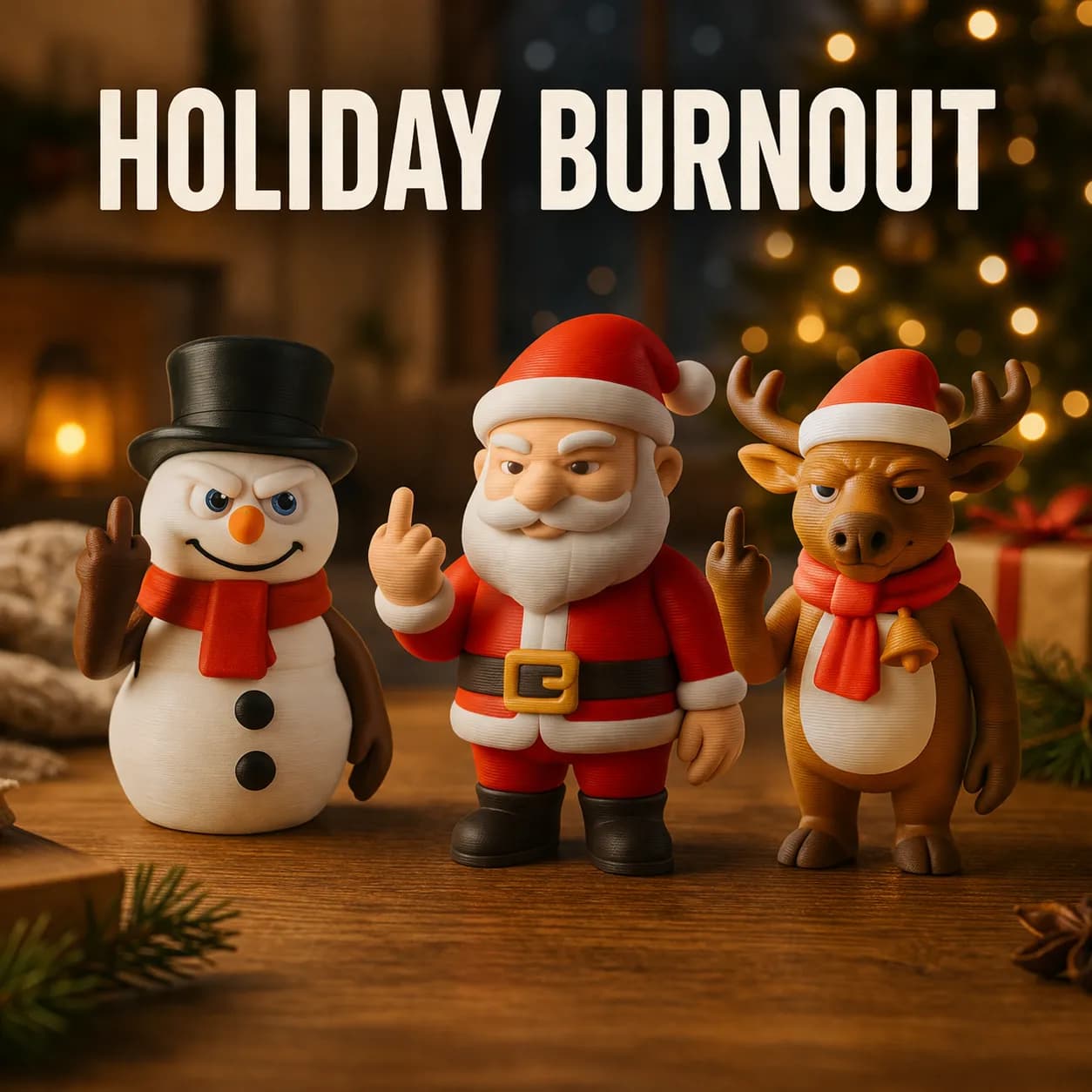 Geprinte sneeuwpop, kerstman en rendier met een opgestoken middelvinger op een houten tafel, met de tekst Holiday Burnout erboven