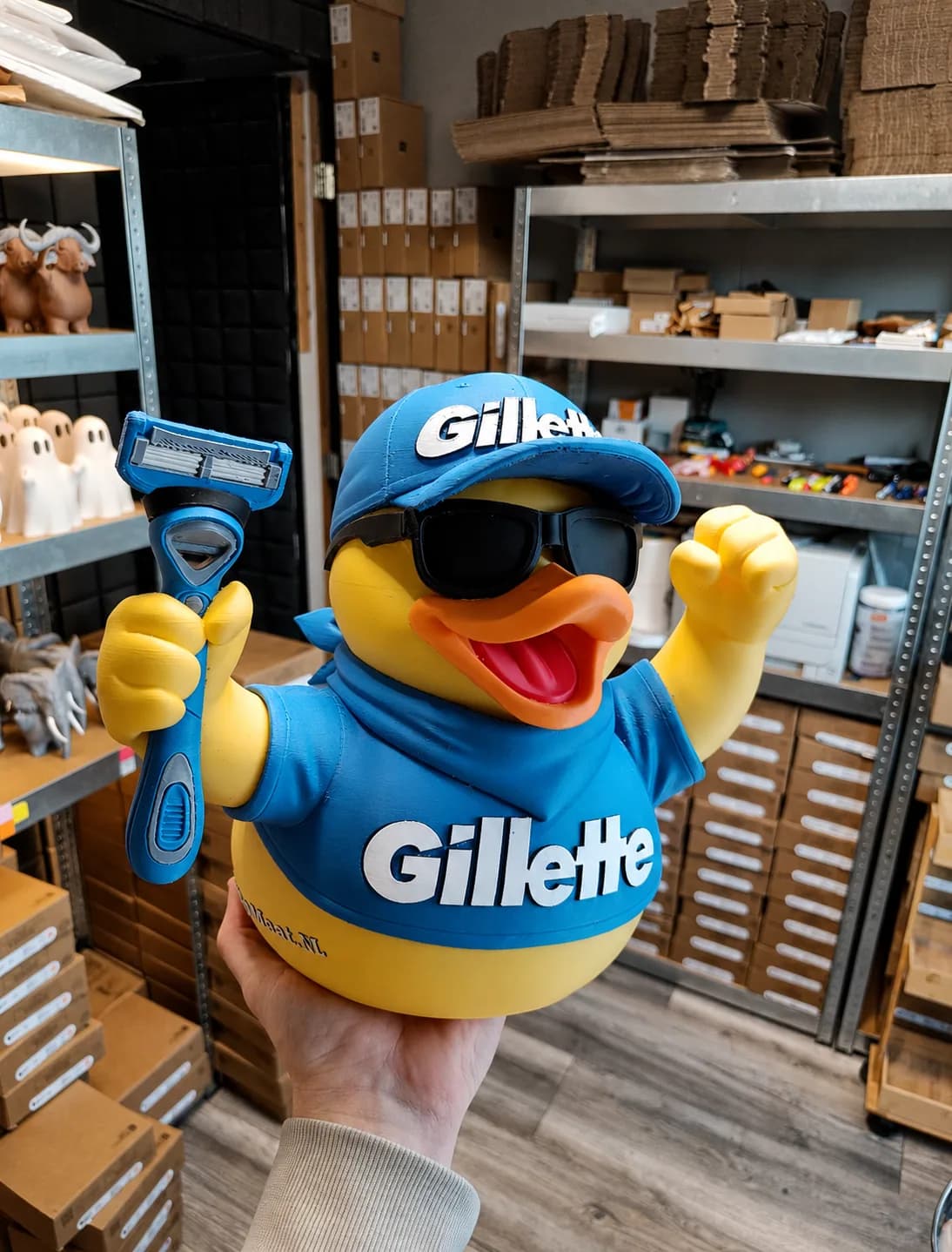 3D-geprinte mascottefiguur in bedrijfskleuren met logo op de borst