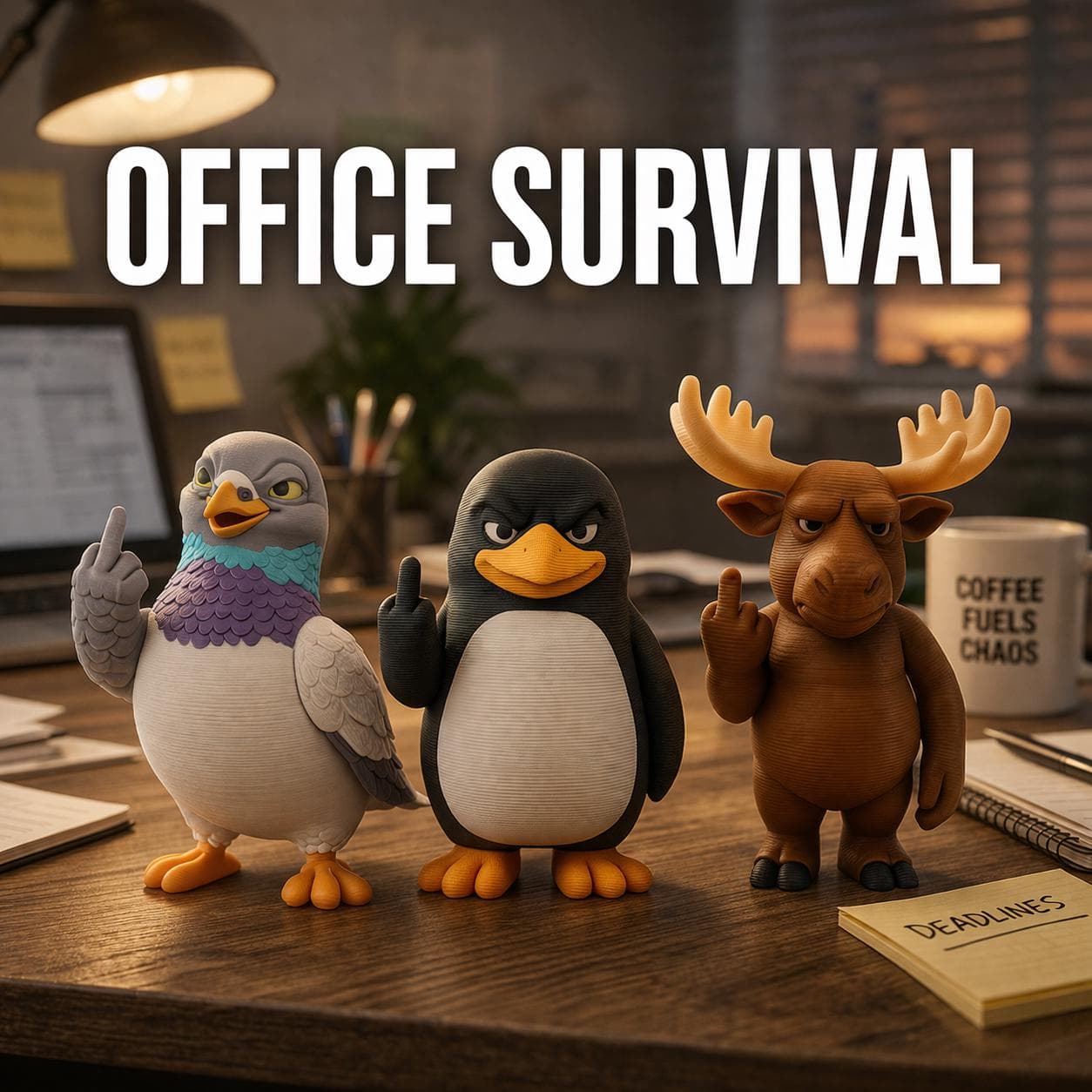close up of 3D printed office survival kit, sarcastic desk decor for coworker gift