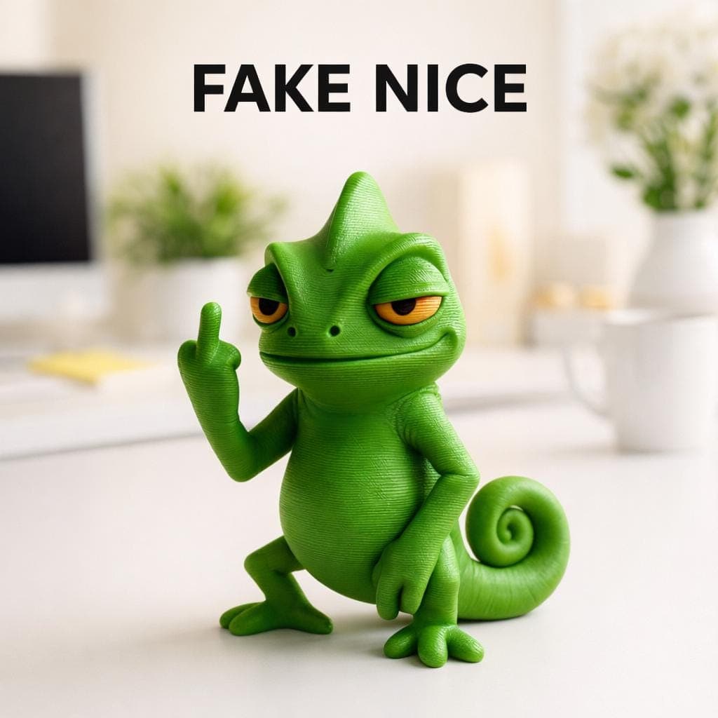 close up of 3D printed chameleon figurine showing middle finger, sarcastic reptile desk decor