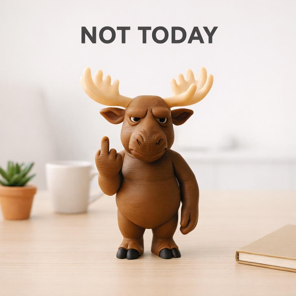 close up of 3D printed moose figurine showing middle finger with sarcastic expression, funny rude desk decor gift