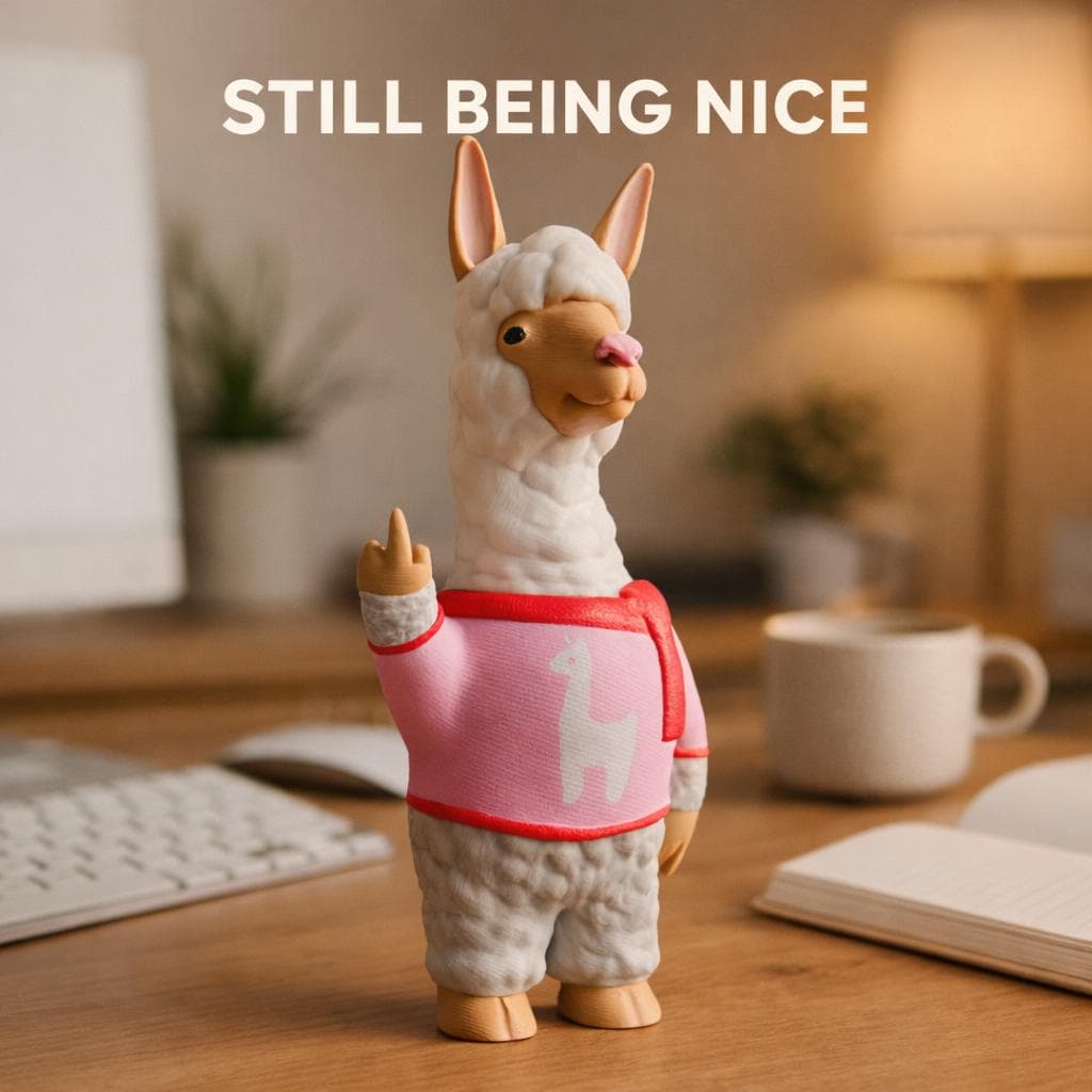 close up of 3D printed alpaca figurine showing middle finger, sarcastic animal desk decor