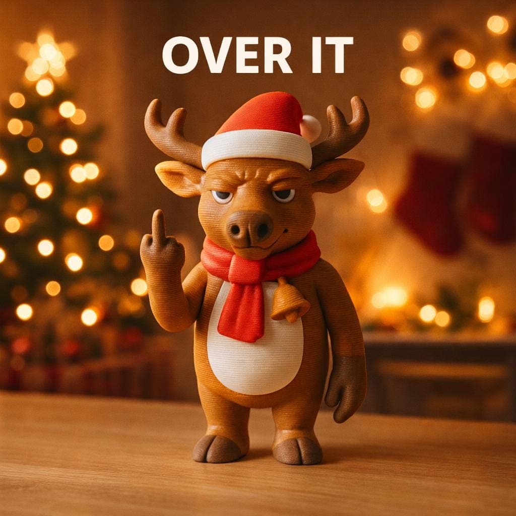 Reindeer figurine showing middle finger placed on desk as funny rude Christmas decor and gag gift