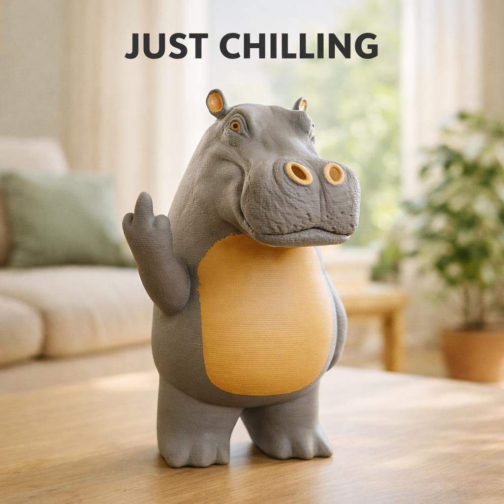 close up of 3D printed hippo figurine showing middle finger, sarcastic animal desk decor