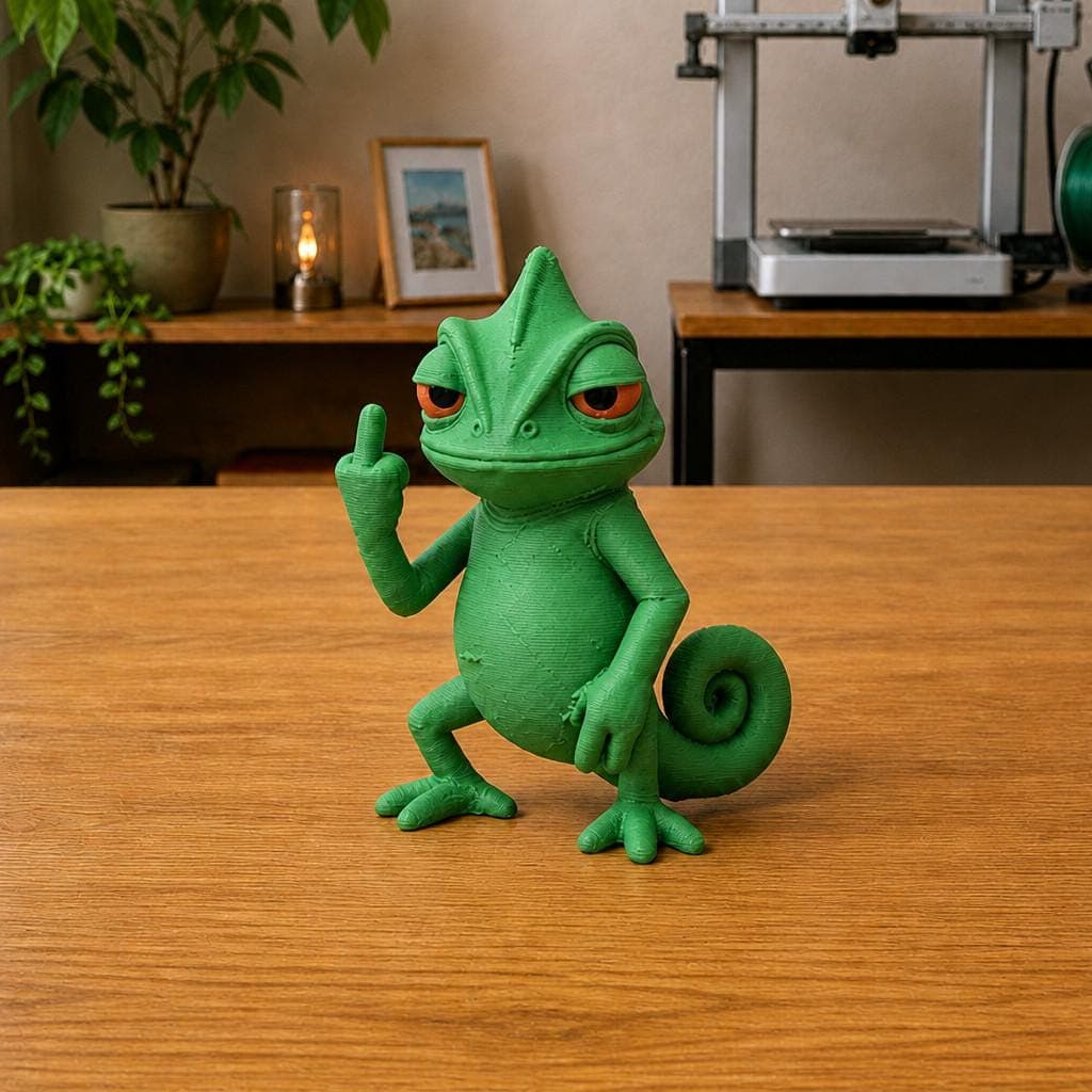 Funny green chameleon figurine with red eyes, curled tail and a cheeky raised middle-finger gesture, shown from the front on a wooden surface.