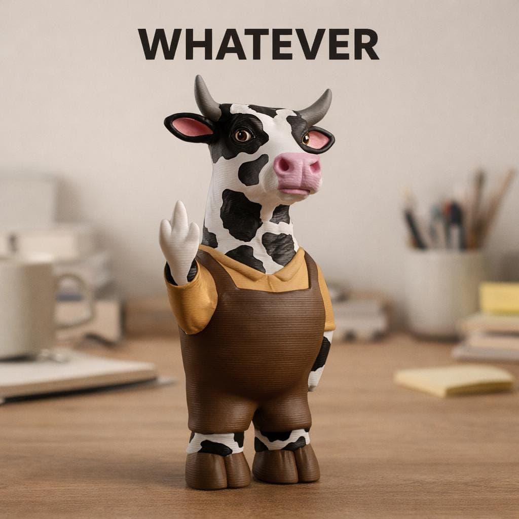 close up of 3D printed cow figurine showing middle finger, funny rude farm animal desk decor