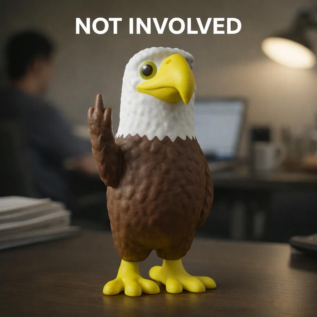 close up of 3D printed eagle figurine showing middle finger, sarcastic desk decor