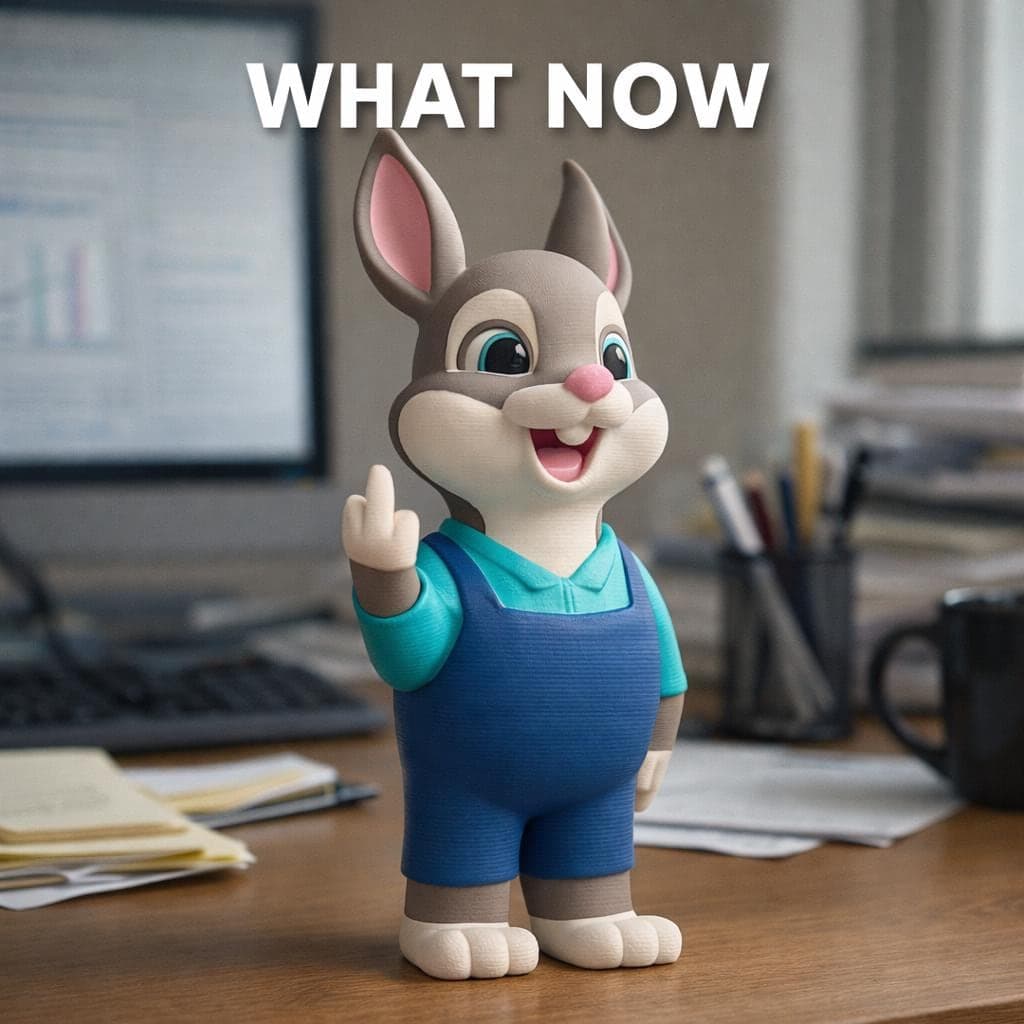 Bunny figurine showing middle finger placed on desk as funny rude decor and coworker gift