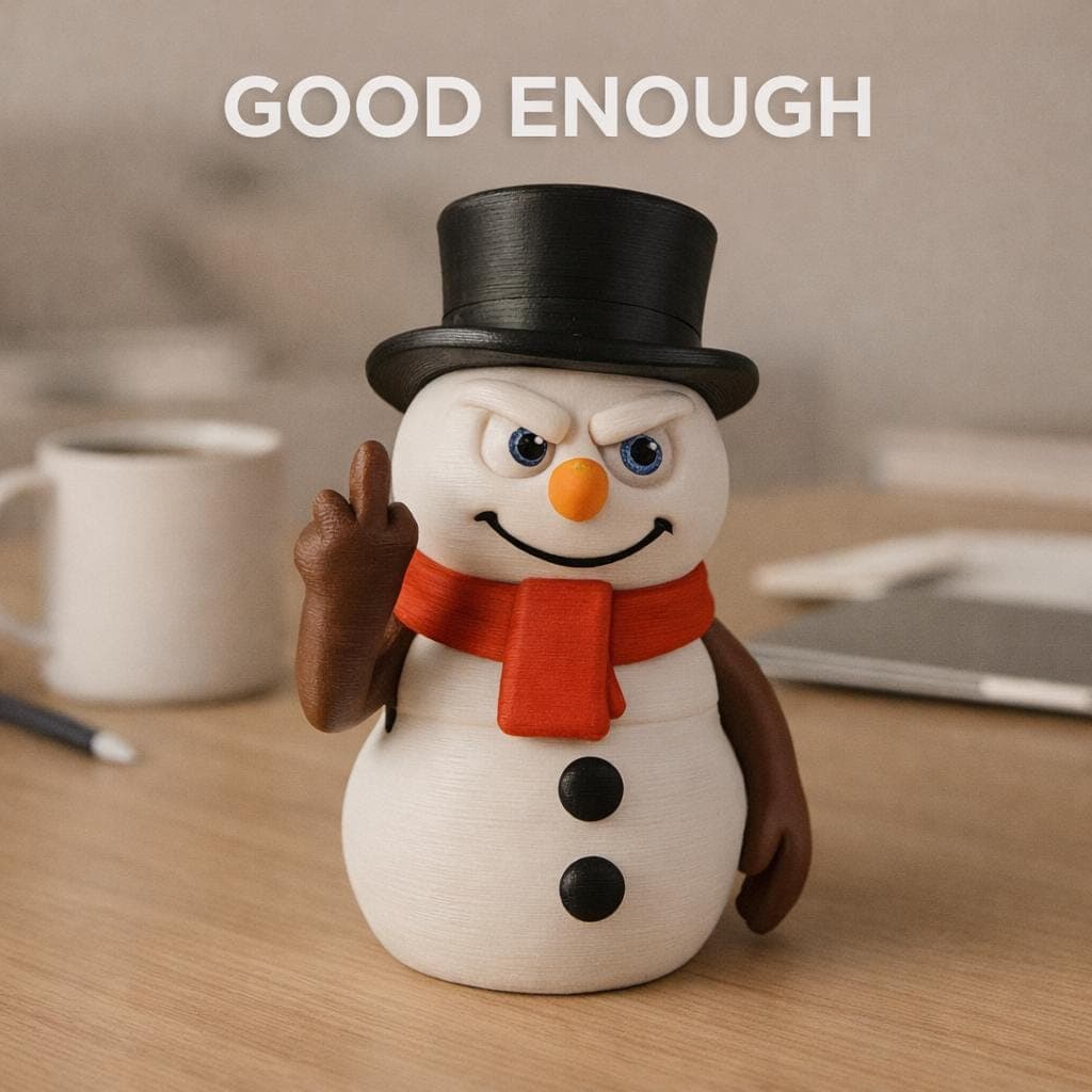 close up of 3D printed rude snowman figurine, funny christmas desk decor