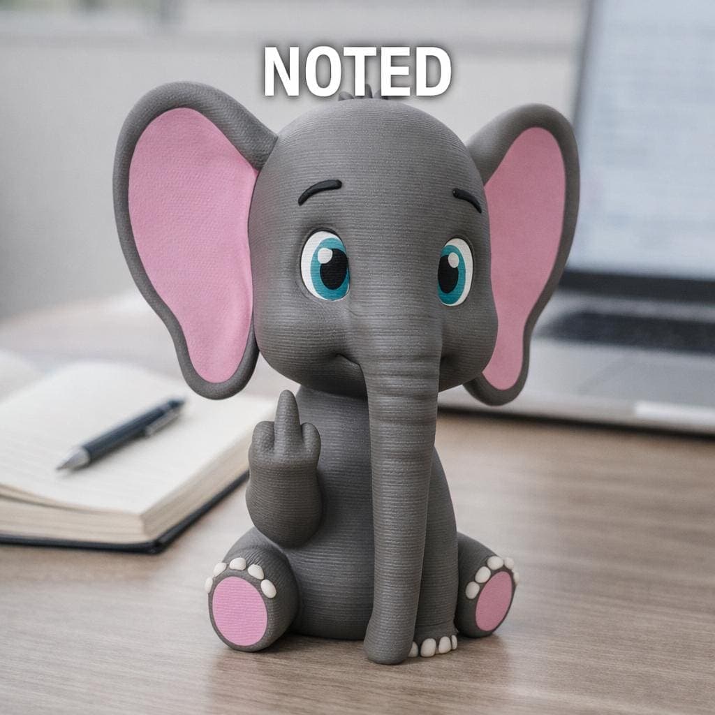 close up of 3D printed elephant figurine showing middle finger, sarcastic animal desk decor