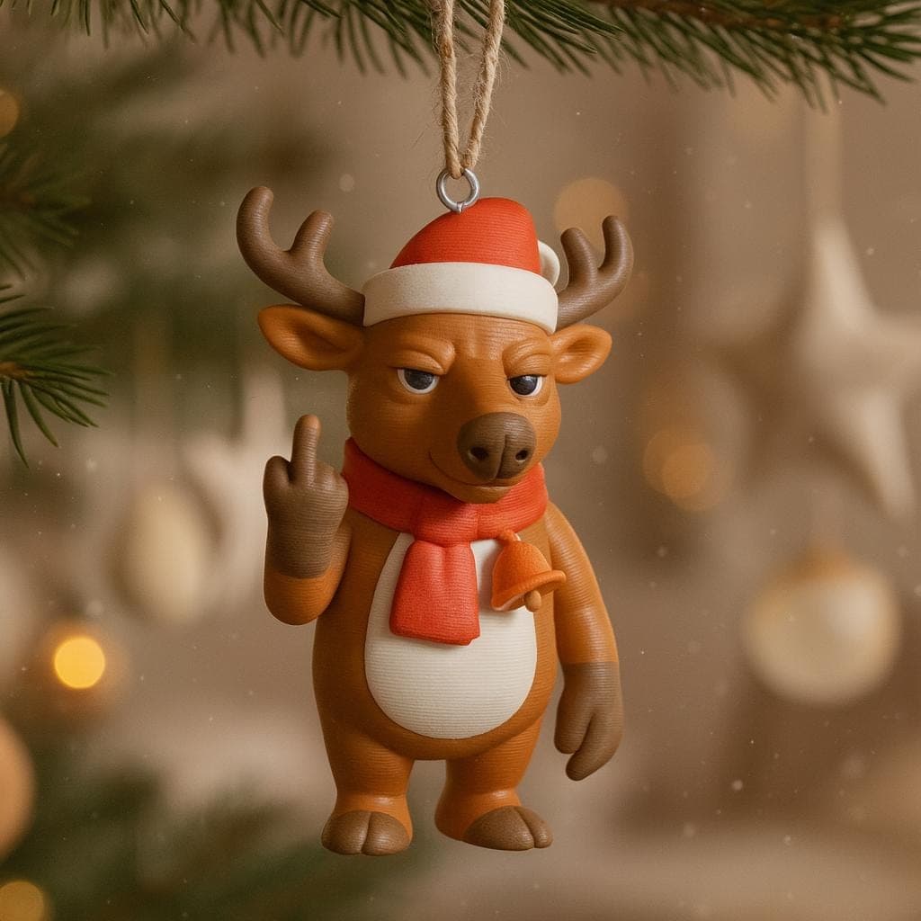 Sassy Santa Reindeer Christmas Ornament – 3D Printed Holiday Hanging Decoration with Middle Finger