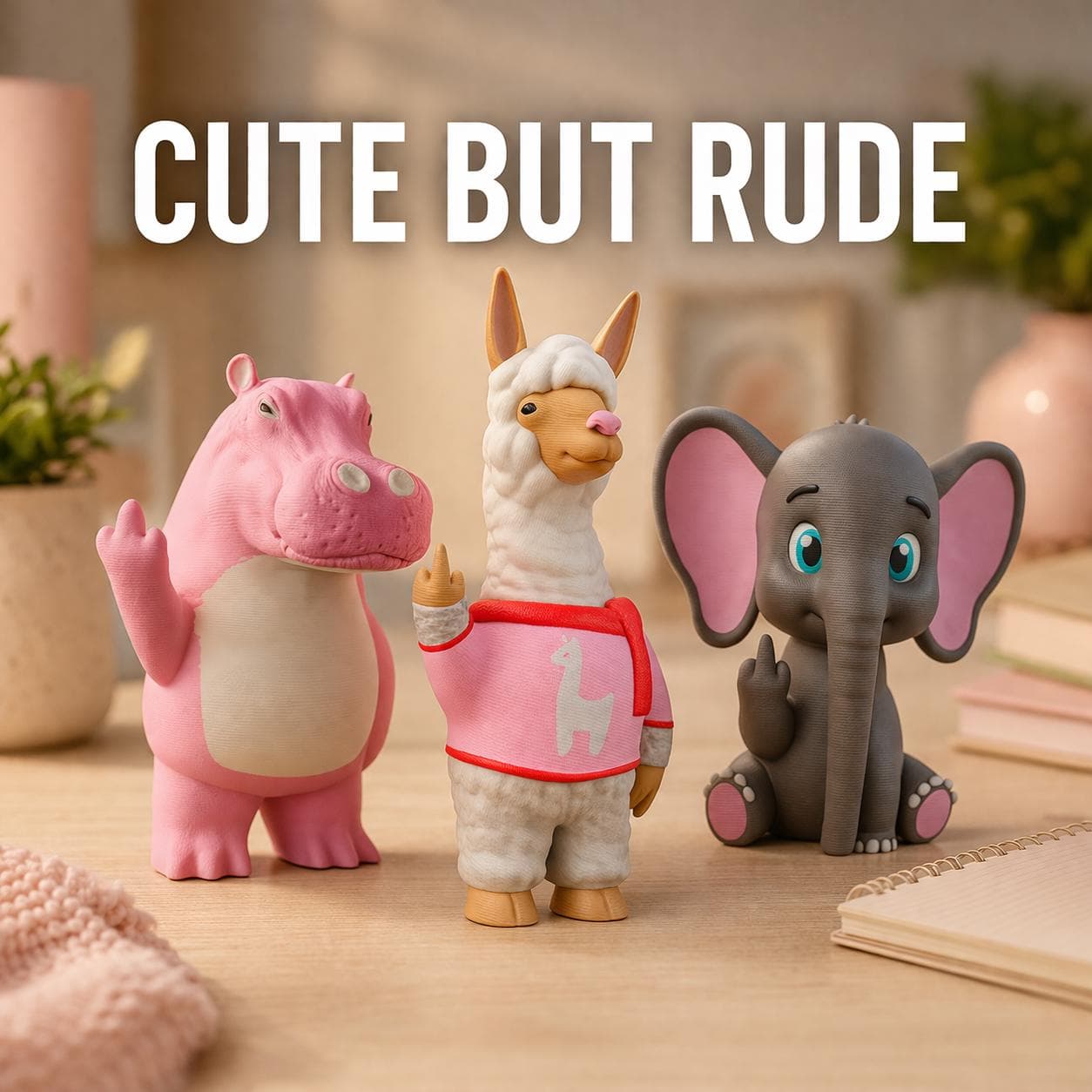 close up of 3D printed sarcastic gift set, rude desk decor with humor