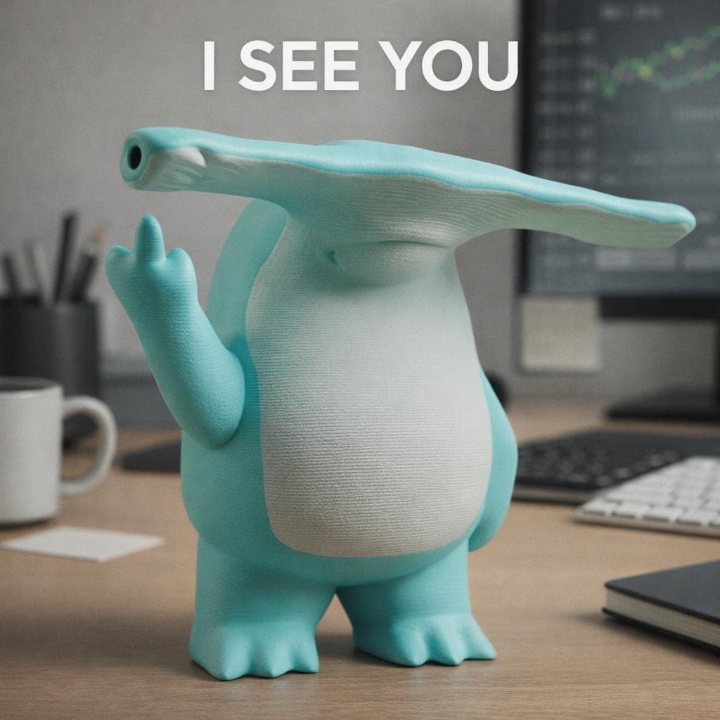 close up of 3D printed hammerhead shark figurine showing middle finger, funny rude desk decor
