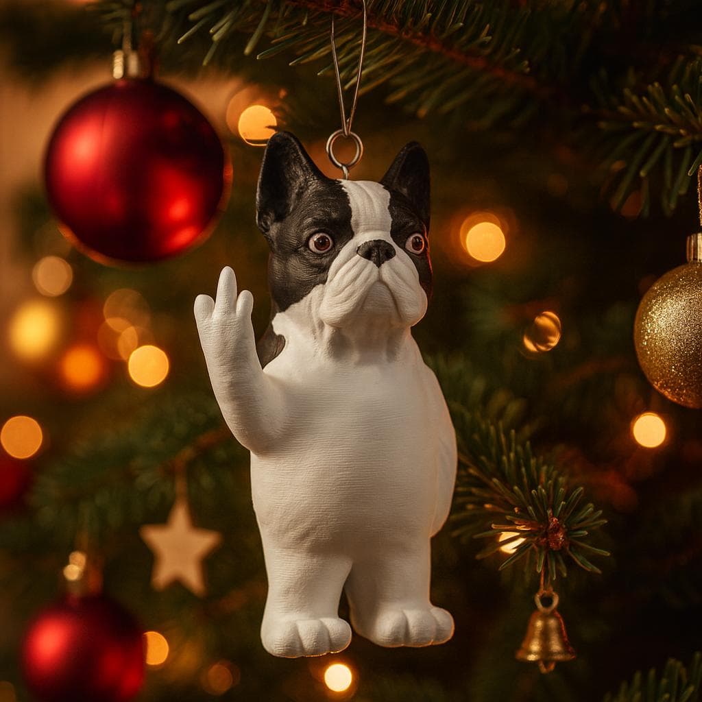 Tree hanger, French Bulldog middle finger statue –  3D-printed Frenchie sculpture