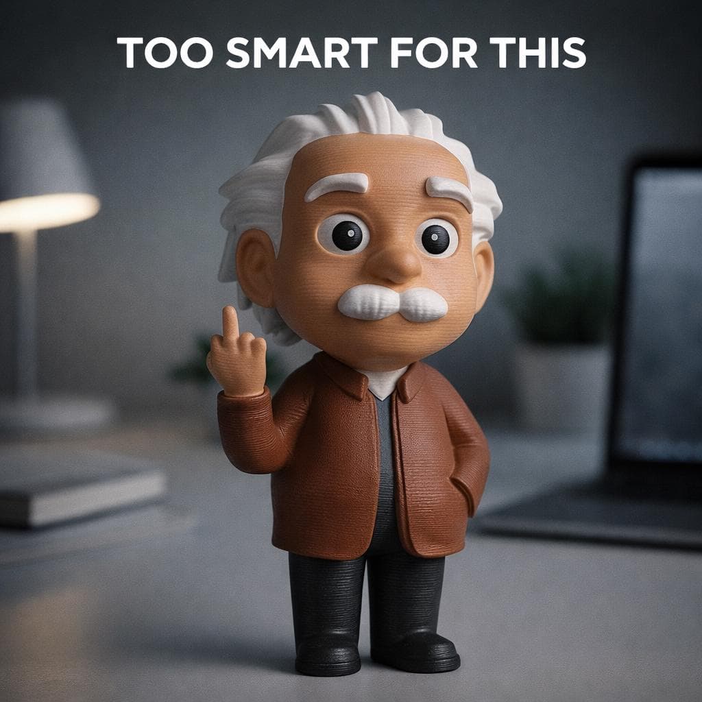 Einstein figurine showing middle finger placed on desk as funny sarcastic decor and coworker gift