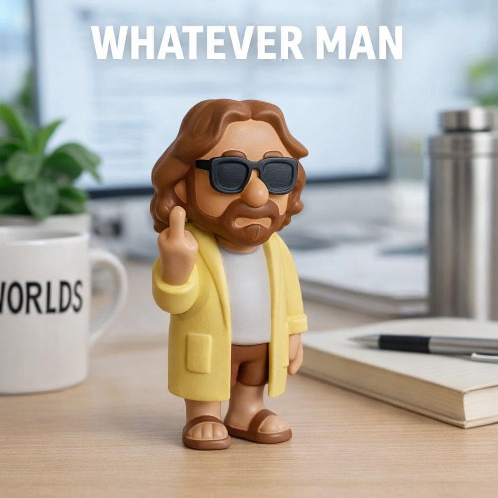 close up of 3D printed the dude style figurine showing middle finger, funny rude desk decor