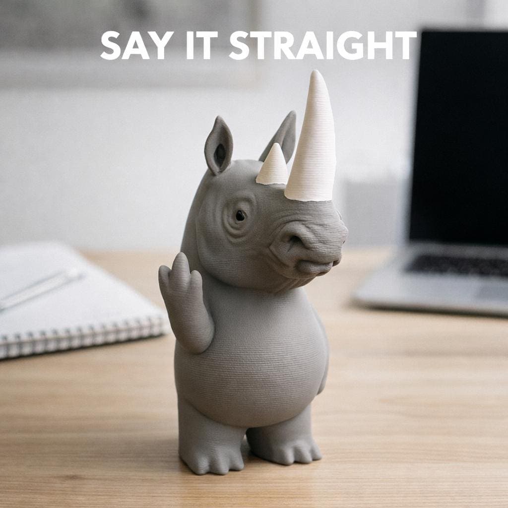 close up of 3D printed rhino figurine showing middle finger, funny rude desk decor with animal design