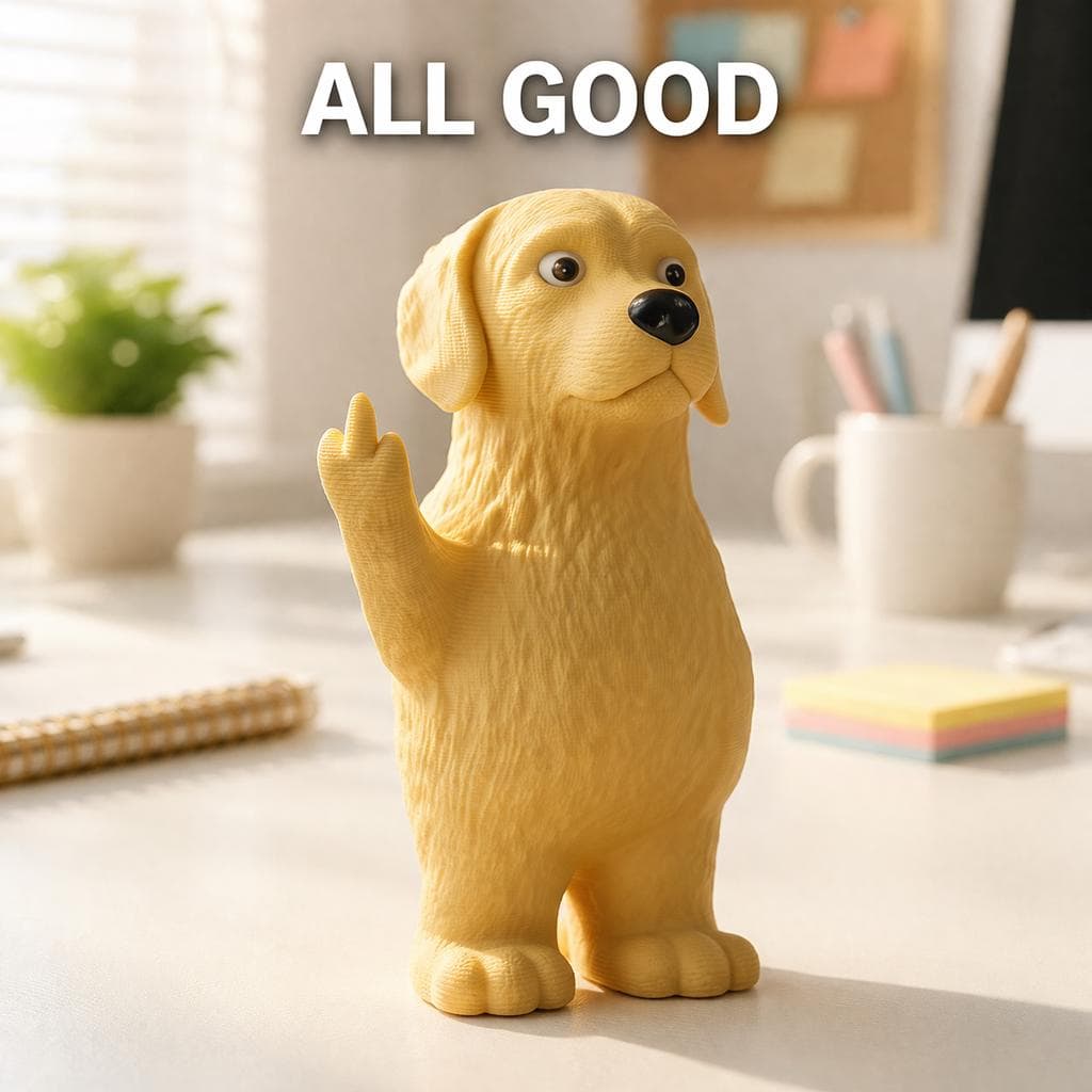 Golden retriever figurine showing middle finger placed on desk as funny rude decor and dog lover gift
