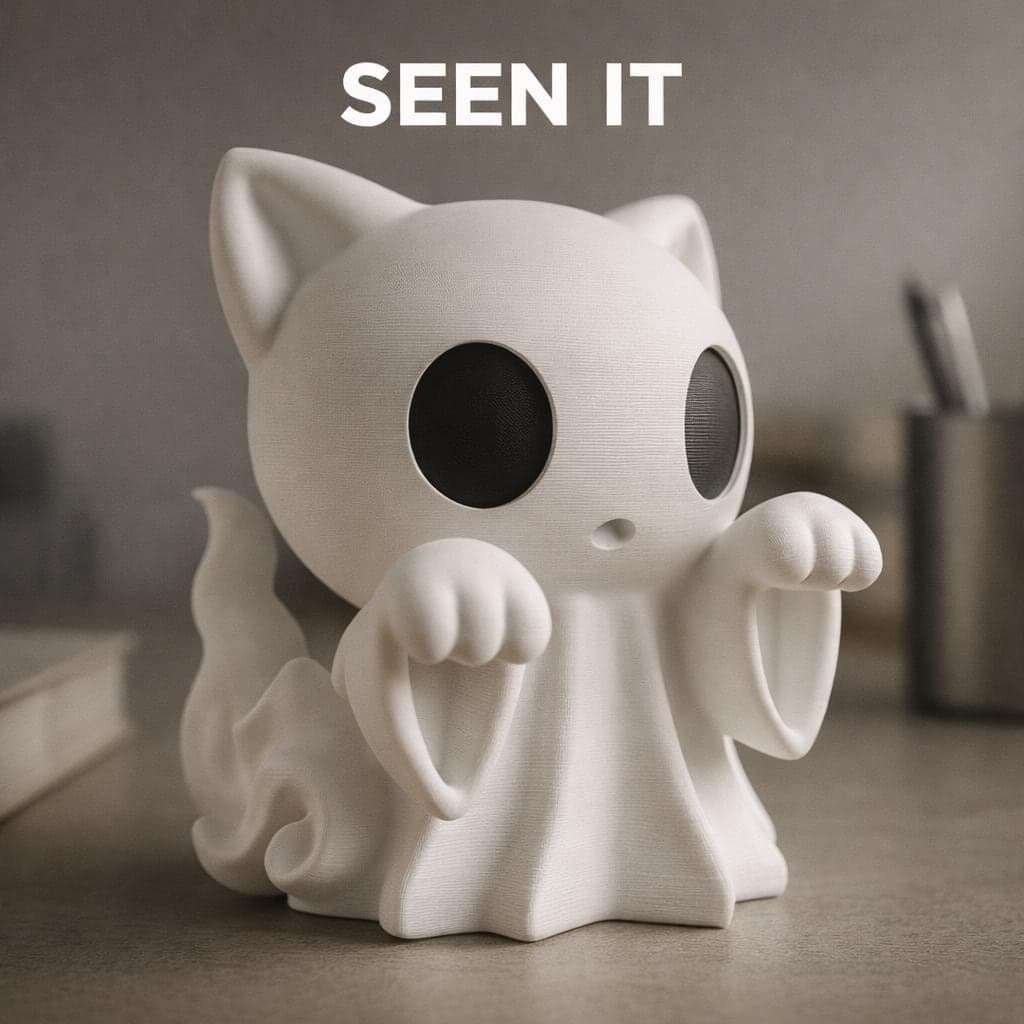 Ghost cat figurine placed on desk as spooky Halloween decor for cat lovers