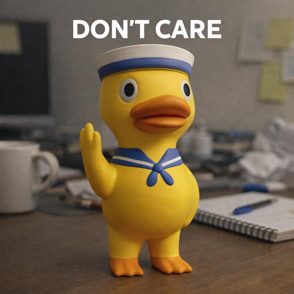 Blue duck figurine showing middle finger placed on desk as funny rude decor and coworker gift