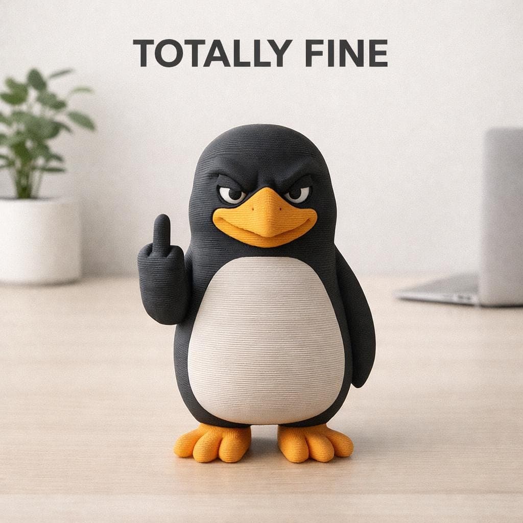close up of 3D printed penguin figurine showing middle finger with sarcastic expression, funny rude desk decor