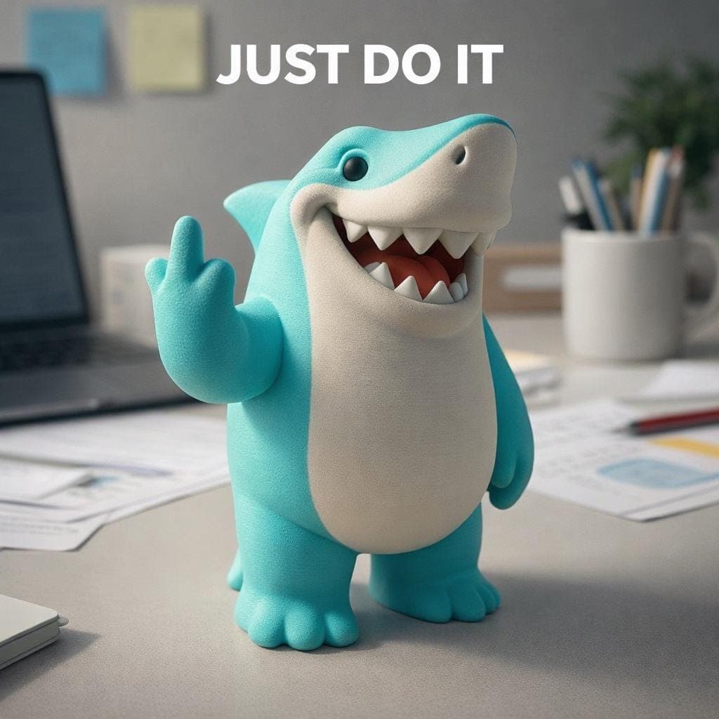 close up of 3D printed shark figurine showing middle finger, funny rude desk decor with ocean animal design
