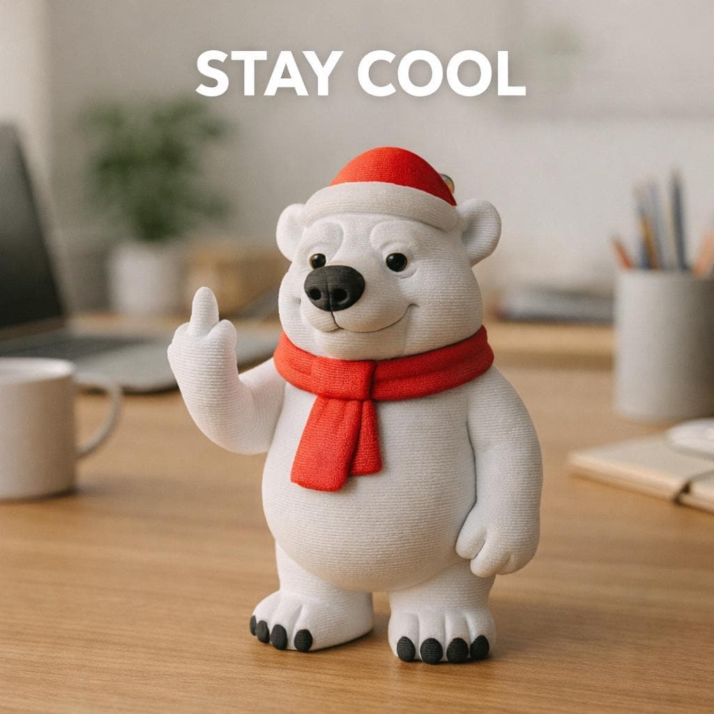 Polar bear figurine showing middle finger placed on desk as funny rude decor and coworker gift