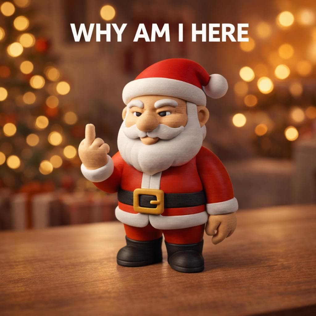 Santa figurine showing middle finger placed on desk as funny rude Christmas decor and gag giftkerstverlichting.