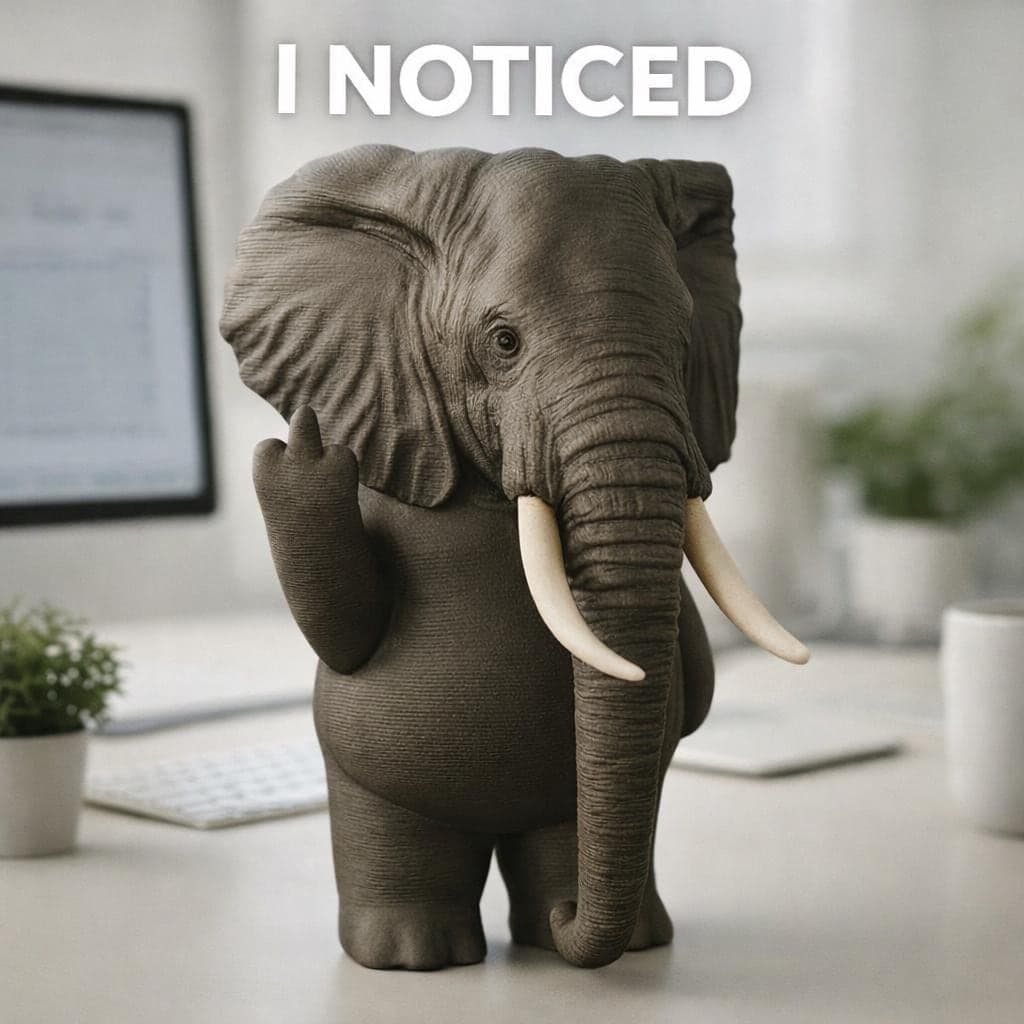 Elephant figurine flipping middle finger placed on desk as funny rude decor and coworker gift