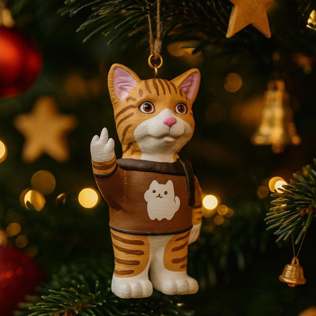 Tree hanger Cat in Sweater Flipping the Middle Finger 3D-Printed Decoration