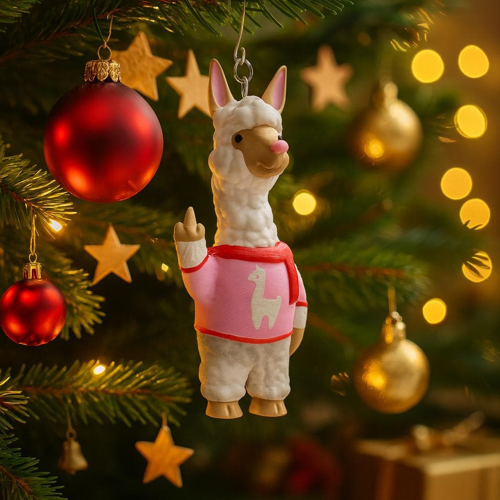 Tree decoration hanger, 3D printed Alpaca flipping the middle finger statue