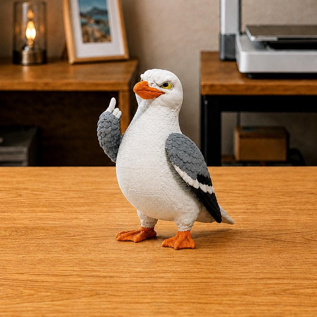 Vooraanzicht van een witte en grijze meeuw met opgestoken vleugel op een houten bureau, voor een printerkast.