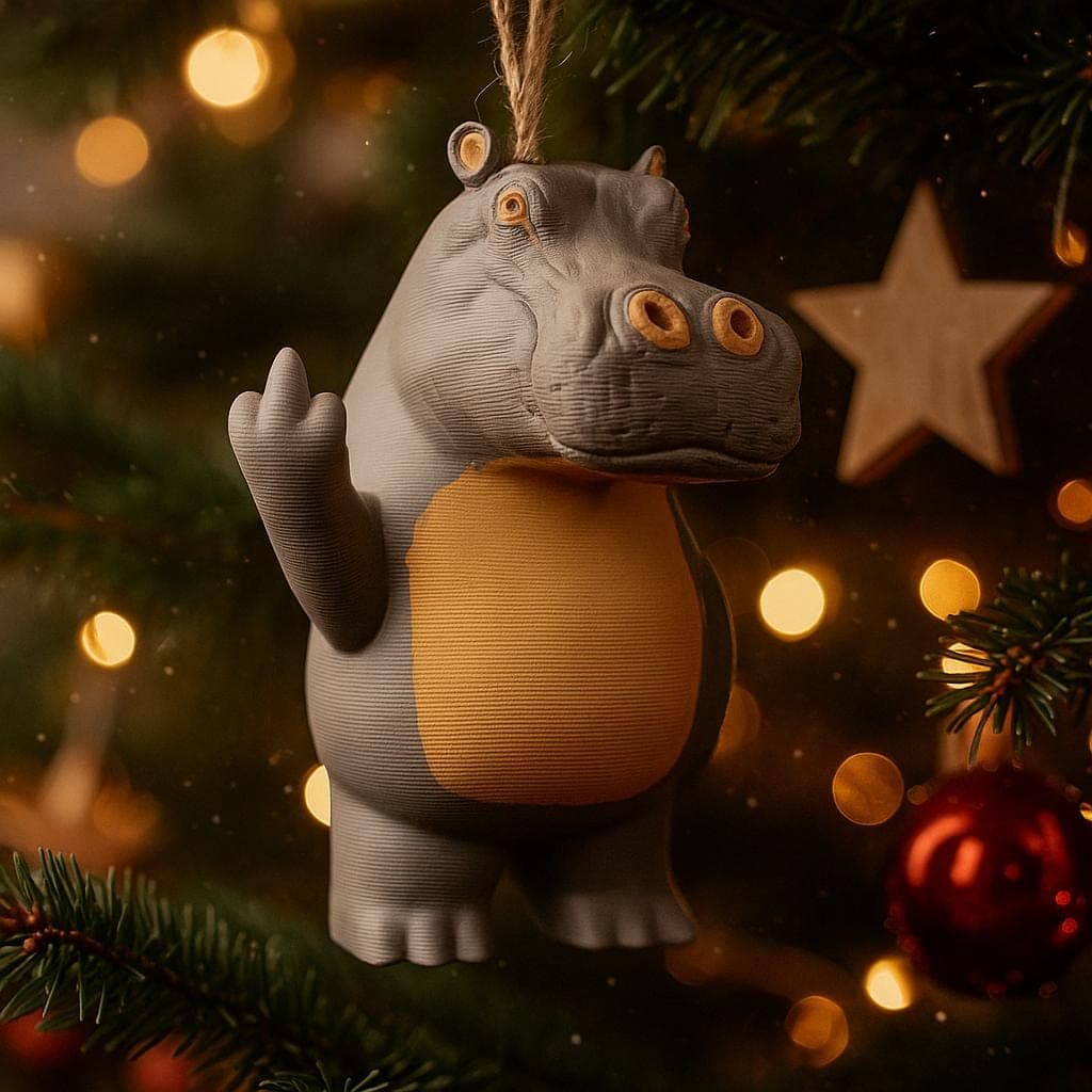 Christmas tree decoration, Middle Finger Hippo Statue – 3D-Printed Figurine,