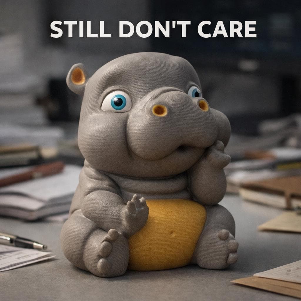 close up of 3D printed baby hippo figurine showing middle finger, cute but rude desk decor