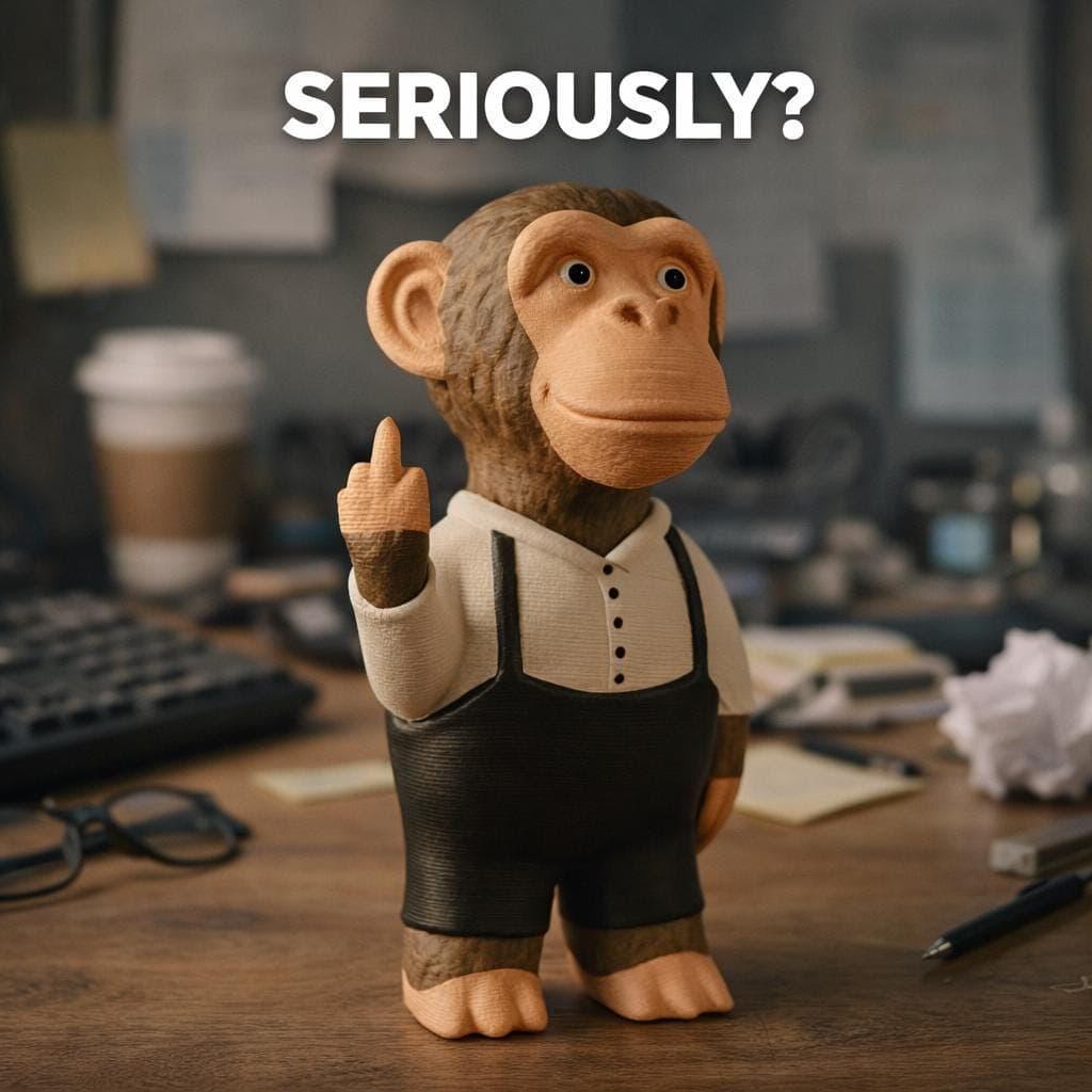 Monkey figurine showing middle finger placed on desk as funny rude decor and coworker gift