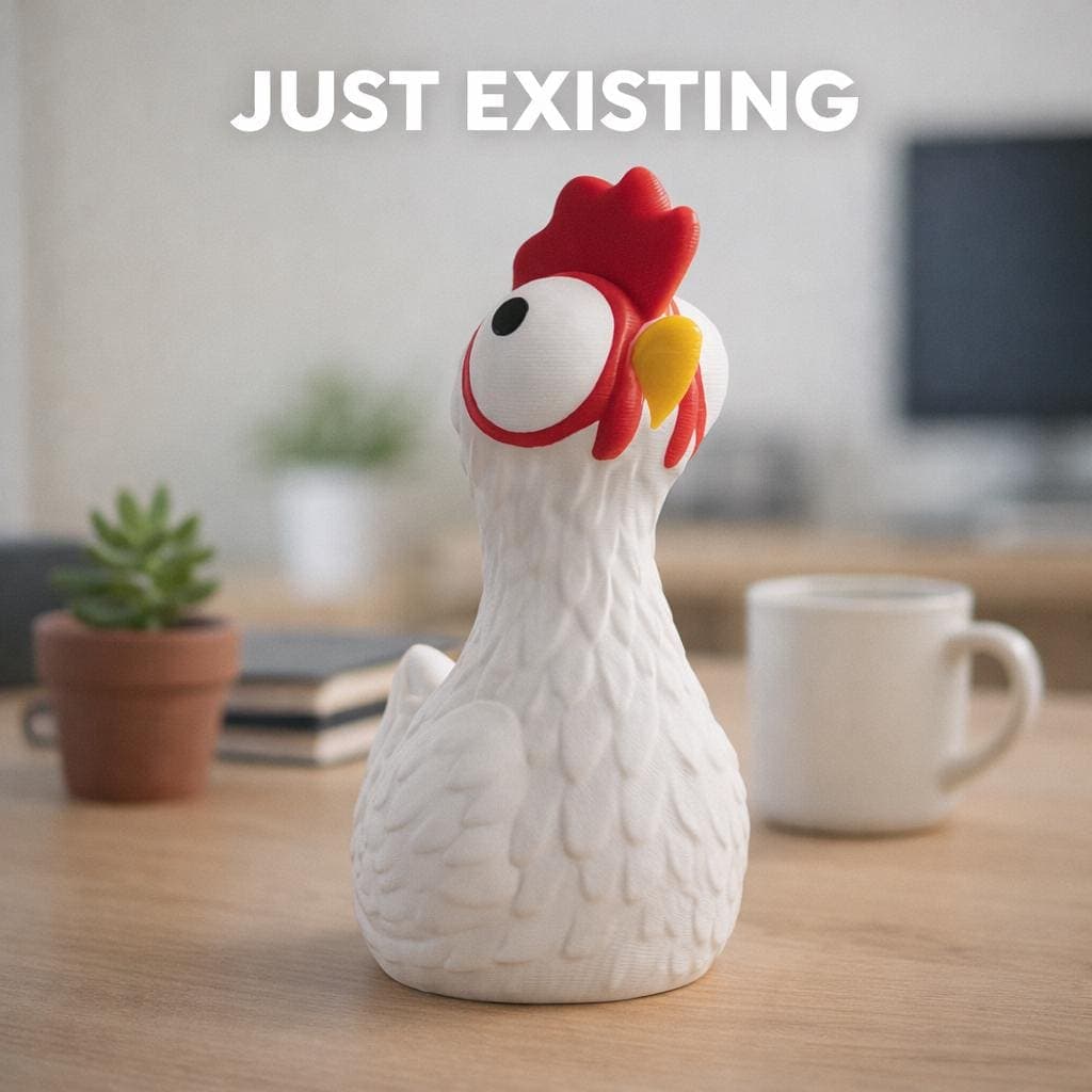 close up of 3D printed mini chicken figurine, cute farmhouse desk decor