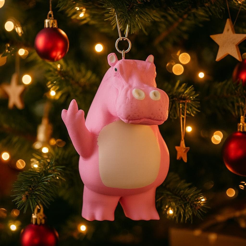 Christmas decoration - Pink Middle Finger Hippo Statue –Tree hanger, Desk Decor, 3D-Printed Figurine