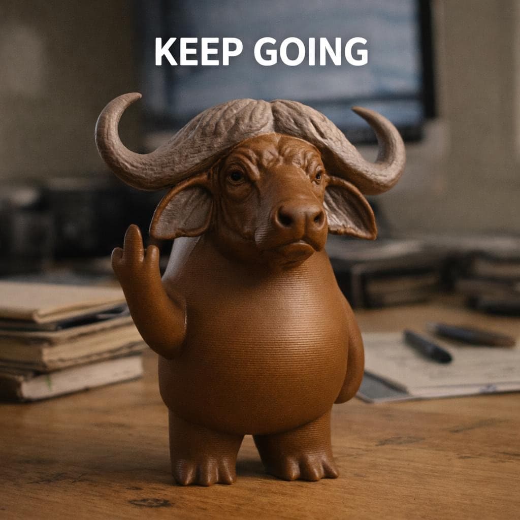 Buffalo figurine showing middle finger placed on desk as funny rude decor and coworker gift