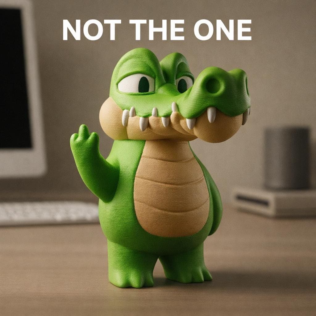 close up of 3D printed crocodile figurine showing middle finger, sarcastic desk decor gift