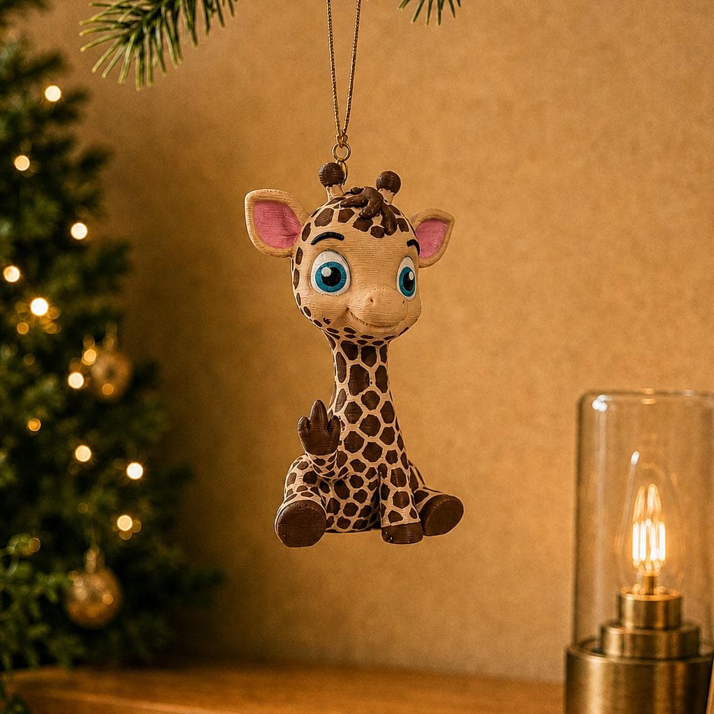 Cute giraffe Christmas ornament hanging beside a decorated tree and warm lamp, with large blue eyes, brown spots and a cheeky hand gesture.