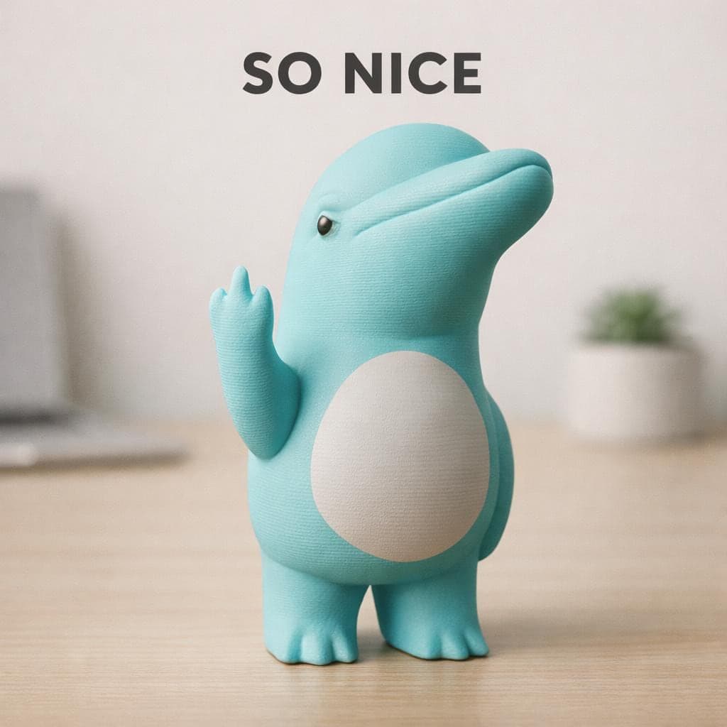 close up of 3D printed dolphin figurine showing middle finger, funny rude ocean animal desk decor