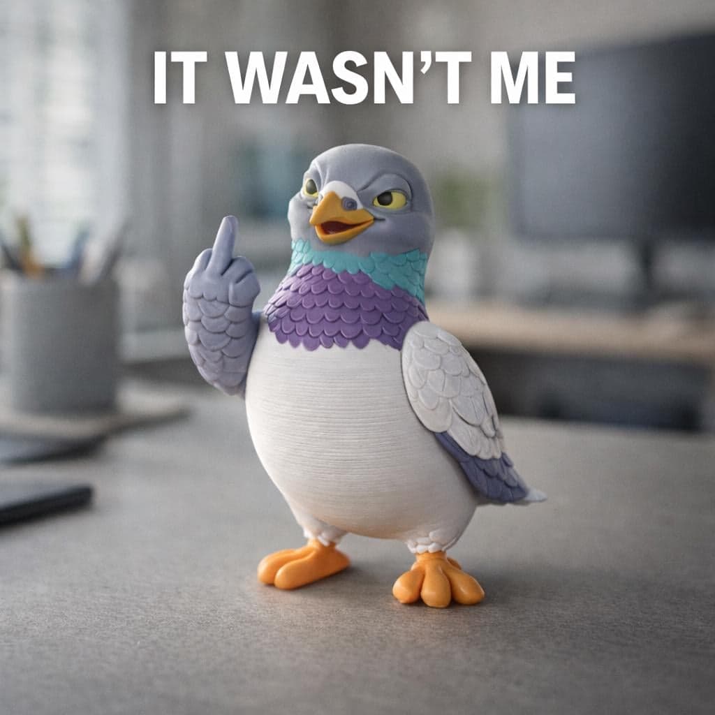 close up of 3D printed pigeon figurine showing middle finger with sarcastic expression, funny rude bird desk decor