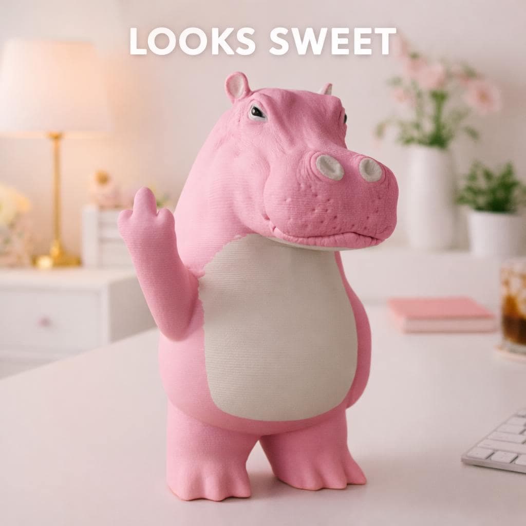 close up of 3D printed pink hippo figurine showing middle finger, cute but rude desk decor