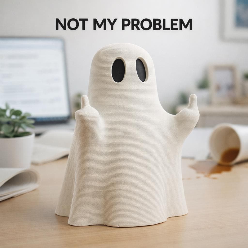 Ghost figurine showing middle finger placed on desk as funny rude Halloween decor and gag gift