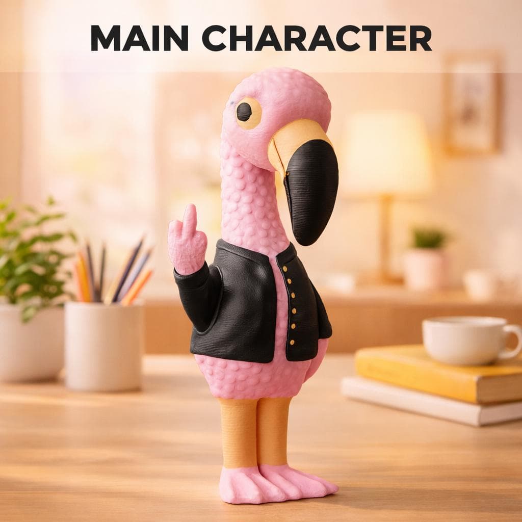 close up of 3D printed flamingo figurine showing middle finger, sarcastic tropical desk decor