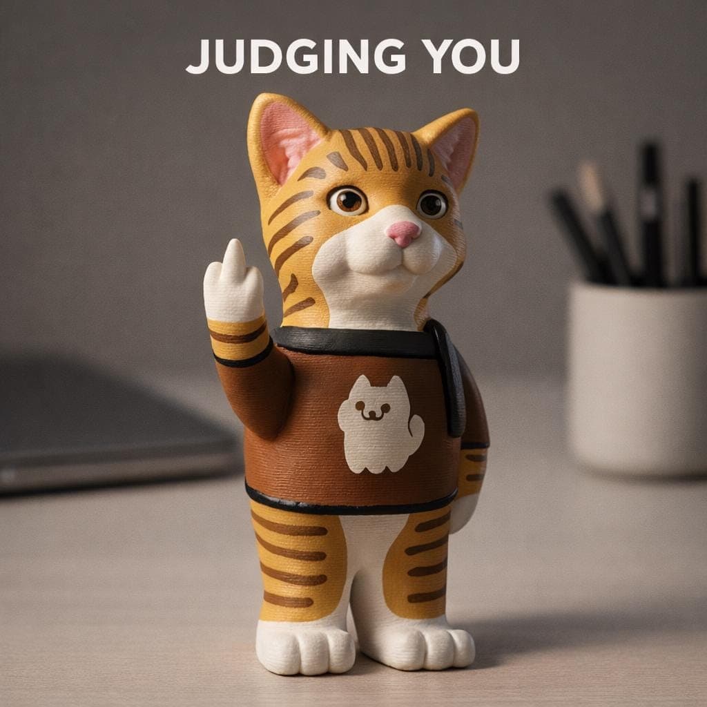 close up of 3D printed cat wearing sweater showing middle finger, sarcastic pet decor