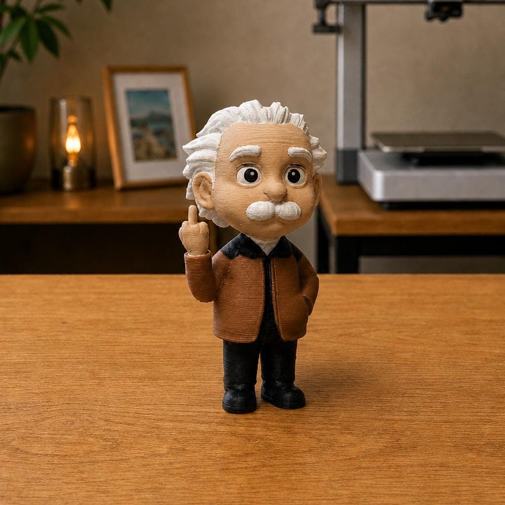 Funny Albert Einstein figurine with white hair and moustache, wearing a brown jacket and black bow tie while making a cheeky raised middle-finger gesture.