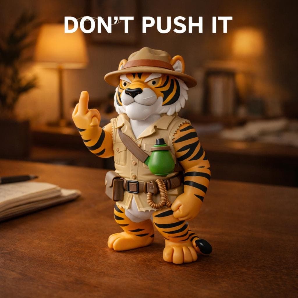 close up of 3D printed tiger figurine showing middle finger, funny rude safari desk decor