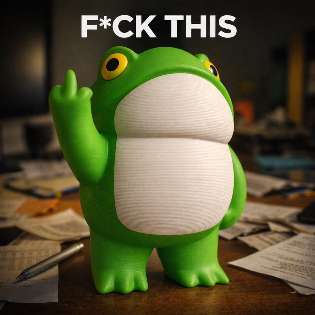 3D printed frog middle finger figurine placed on desk, sarcastic office decor gift